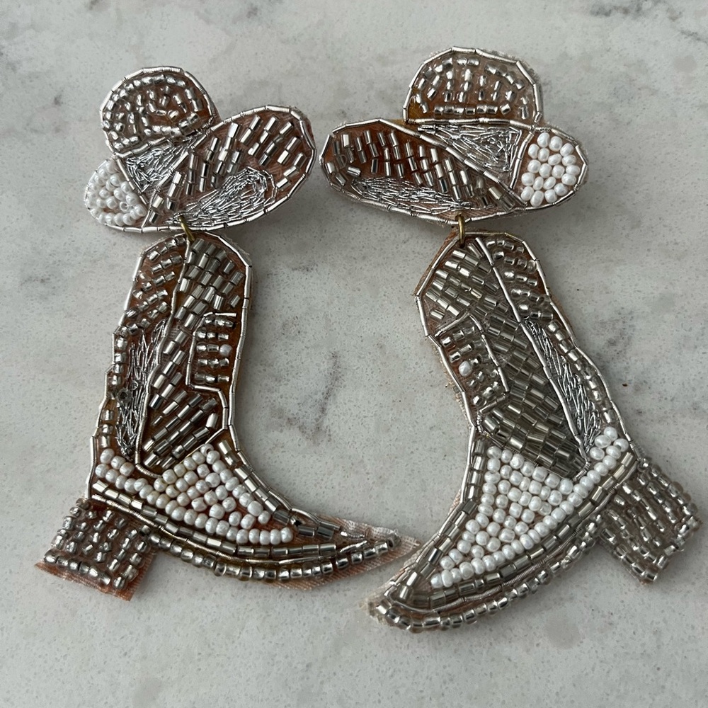 Silver and White Cowboy Boot Earrings with Intricate Beadwork